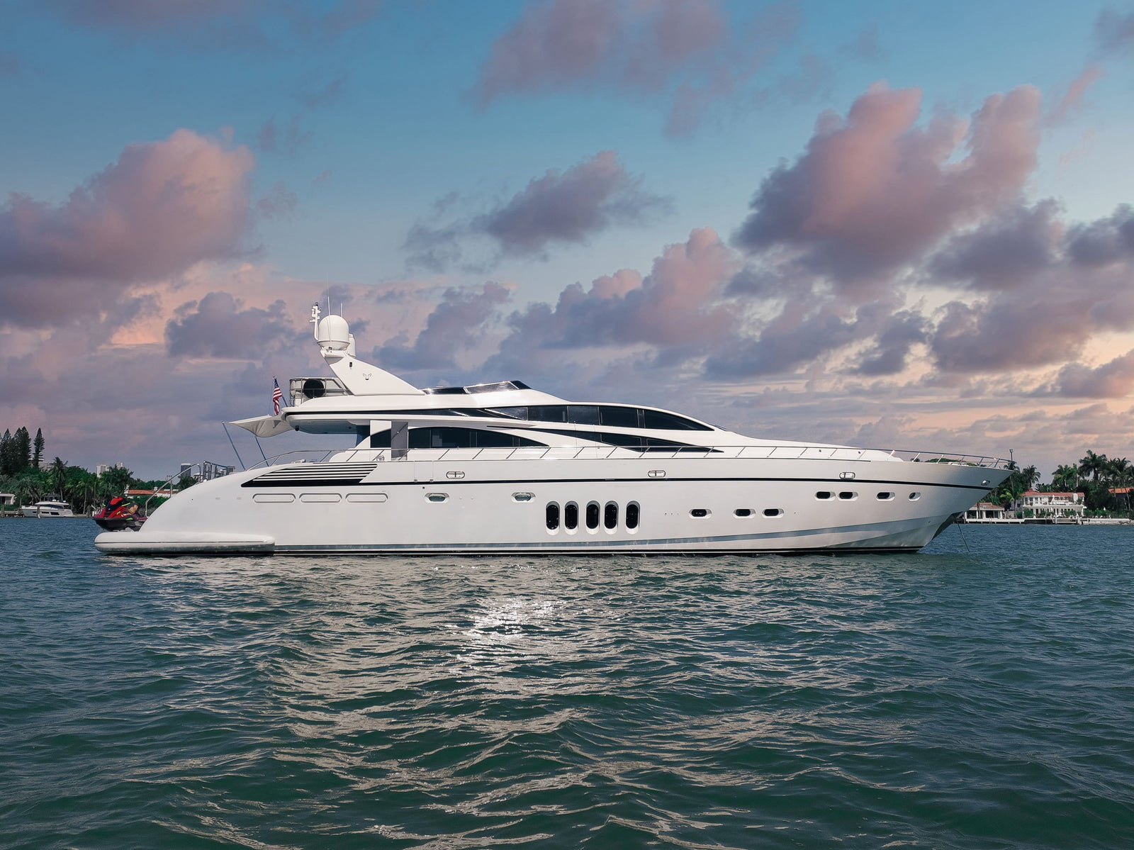 Superyacht at anchor at sunset in Miami